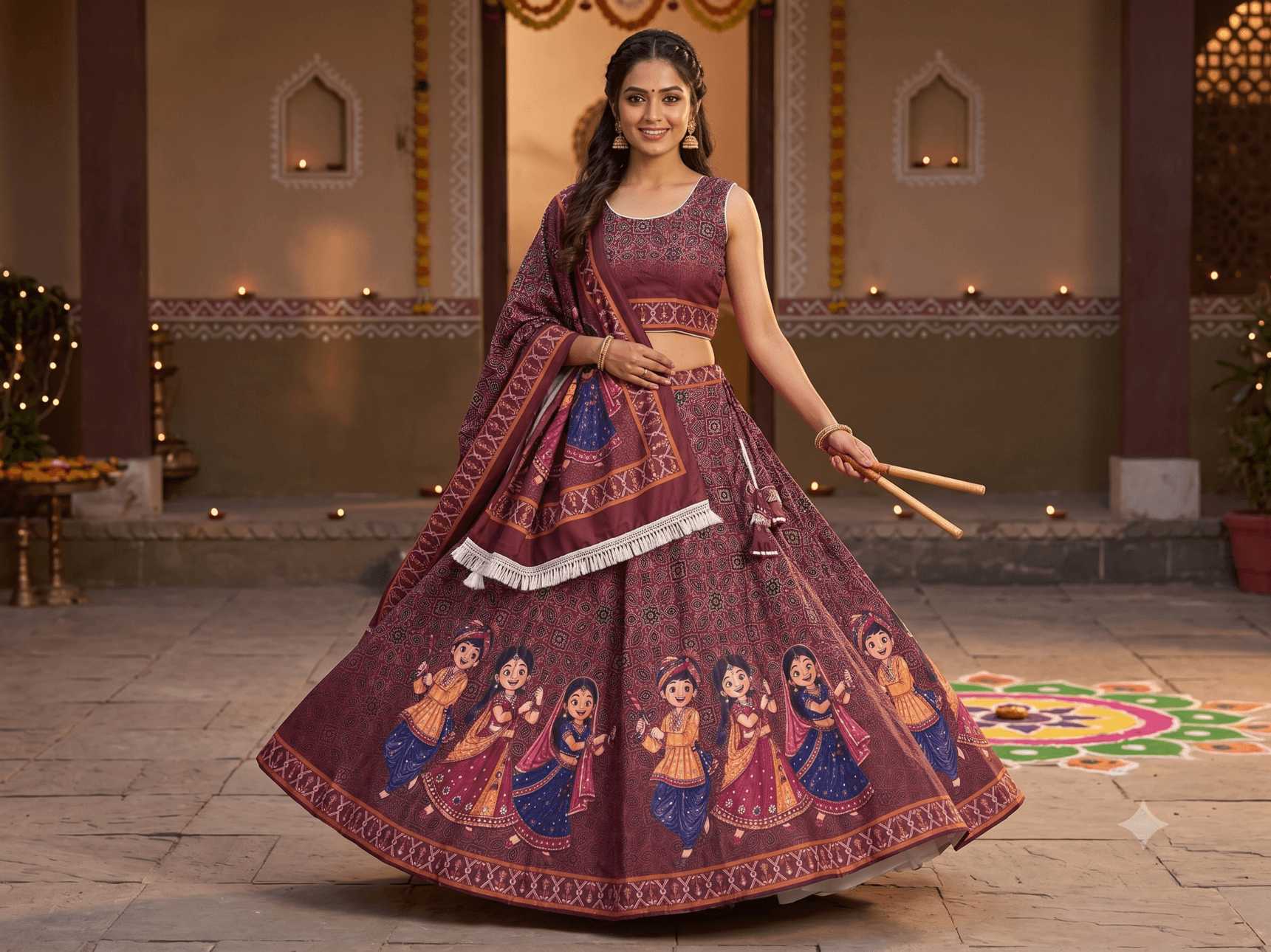 Maroon Dandiya Raas Printed Chaniya Choli - View 1